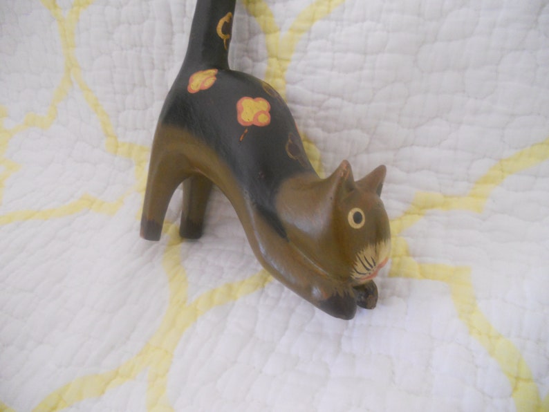 Vintage Wooden Cat Figurine. Long Tail Wood Cat Sculpture with image 0