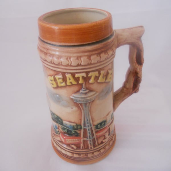 Vintage Ceramic Stein Seattle. Made in Japan. 3D  Beer Mug Kingdome Ferryboat. Collectible Stein.