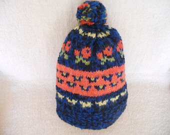 Hand Knitted Kid's Hat.Kid's Hat with Pompom for 3-4 years old. Handcrafted Winter Hat.