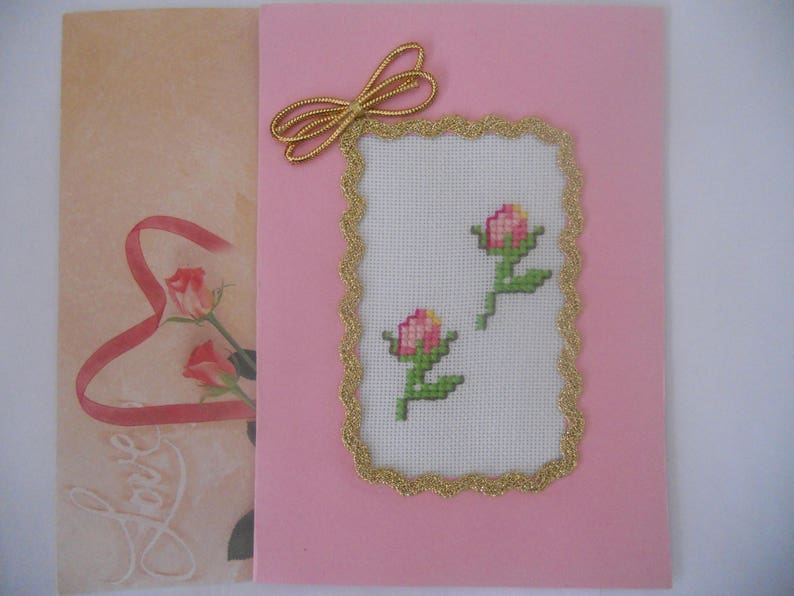 Greeting Card.Hand Embroidered Cross Stitch Card.Two Roses Card.Handcrafted Card.Gift for Her, Girlfriend, Wife. image 4