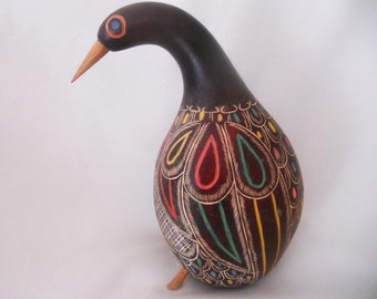 Vintage Peruvian Carved Hand painted Gourd Maracas. Bird Figurine made in Peru. Home Office Decor Percussion Instrument. RARE.