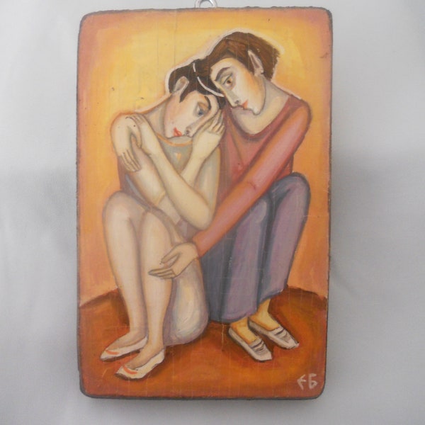 Wall Art Tempera Paint on Wood. Fine Arts Painting "Affection" Signed by the Author Emanuela Bayrakova. Wall Hanging.
