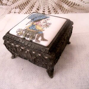 Vintage Metal and Enamel Square Trinket Box with Printed Ceramic Plaque of Girl and Dog .Jewelry Box Made in Japan. RARE.