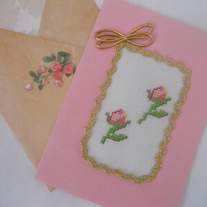 Greeting Card.Hand Embroidered Cross Stitch Card.Two Roses Card.Handcrafted Card.Gift for Her, Girlfriend, Wife. image 8