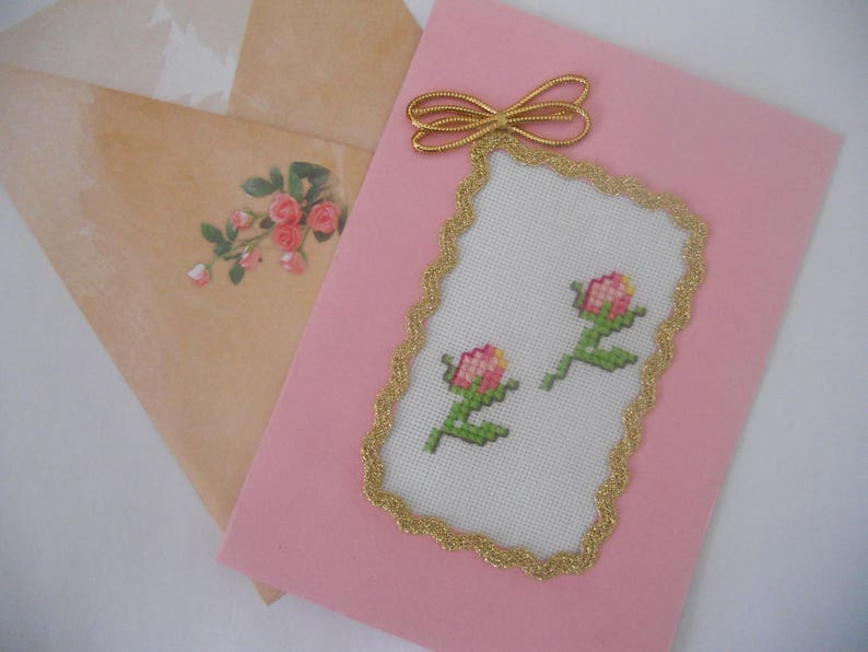 Greeting Card.Hand Embroidered Cross Stitch Card.Two Roses Card.Handcrafted Card.Gift for Her, Girlfriend, Wife. image 8