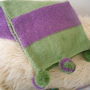 Hand Knitted Large Stylish Winter Scarf.Purple and Green Women's Teen Girls Cozy Accessory with Pompoms. Gift for Her. image 5