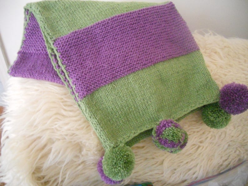 Hand Knitted Large Stylish Winter Scarf.Purple and Green Women's Teen Girls Cozy Accessory with Pompoms. Gift for Her. image 5