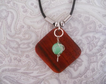 Exotic Wood Padauk Pendant. Green Wrapped Glass Beads Pendant.Wooden Jewelry Art.Gift for her, girlfriend, wife.