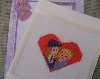 Cross stitch Red Heart  Greeting Card.Me and You Forever Unique Hand Embroidered Card.Gift for her, girlfriend, wife.