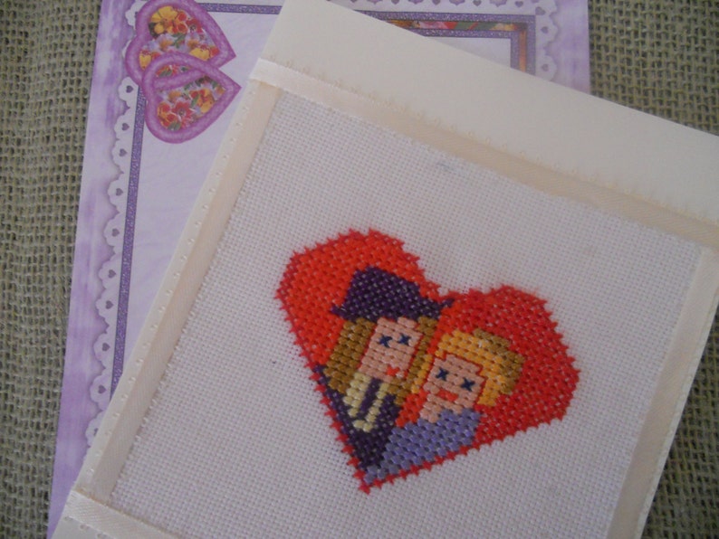 Cross stitch Red Heart  Greeting Card.Me and You Forever image 0