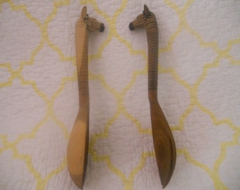 Vintage Hand Carved Giraffe Heads Wood Spoon and Fork.Kitchen Utensils.Wooden Art.Home Decor.Housewarming gift.