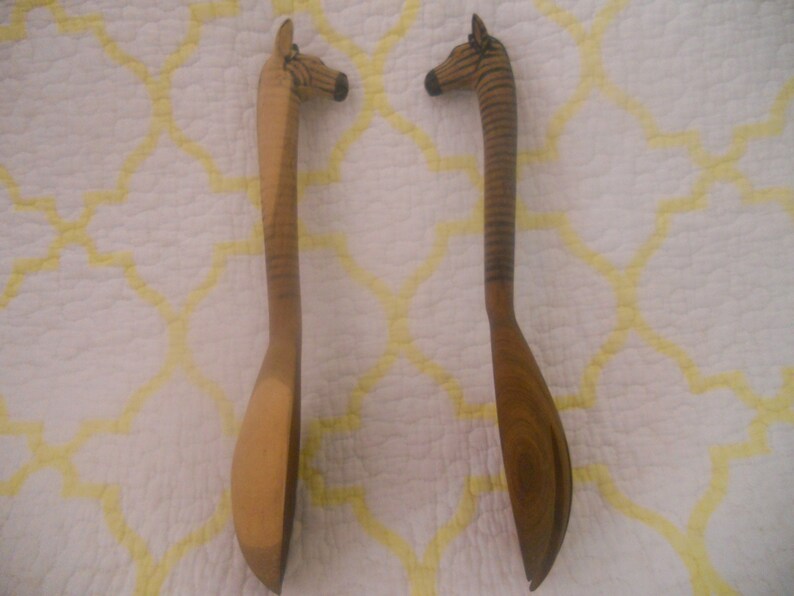 Vintage Hand Carved Giraffe Heads Wood Spoon and Fork.Kitchen image 0