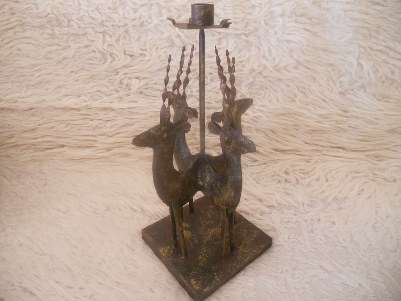 Vintage Wrought Iron 4 Antelopes Candle Holder.15.5 inches image 0