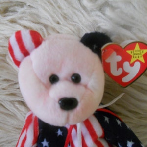 Ty Beanie Baby Spangle Pink Face Bear June 14 1999 Retired with Tag Error.4th July Patriotic Gift. image 3
