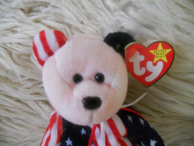Ty Beanie Baby Spangle Pink Face Bear June 14 1999 Retired with Tag Error.4th July Patriotic Gift. image 3