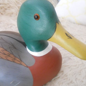 Vintage Drake Wood Duck Sculpture. Big 13.5 inches Wooden Collectible Duck Decoy Figurine with Glass Eyes..Wooden Animal Art. image 10