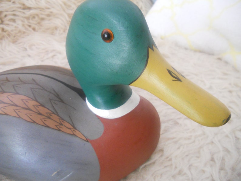 Vintage Drake Wood Duck Sculpture. Big 13.5 inches Wooden Collectible Duck Decoy Figurine with Glass Eyes..Wooden Animal Art. image 10