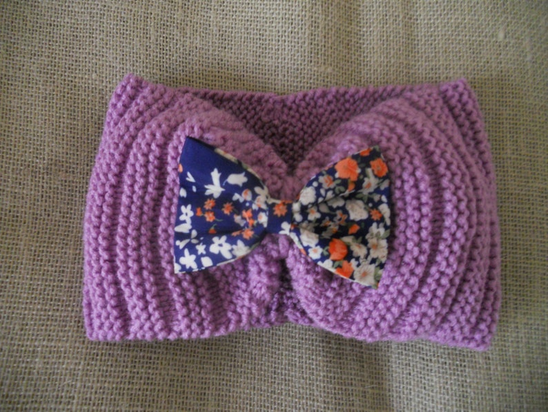 Knit Headband Turban with a clip Bow.Violet Ear Warmer. Hand image 0