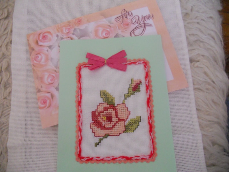 Greeting Card.Hand Embroidered Cross stitch Card. Rose image 0