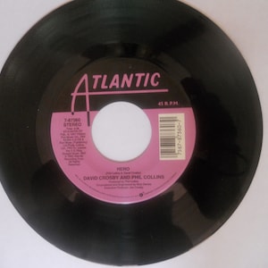 David Crosby And Phil Collins  Hero / Coverage 45 rpm Vintage Vinyl Record.Recorded Audio.Pop Rock. Collectible Record. Gift for a rock fan.
