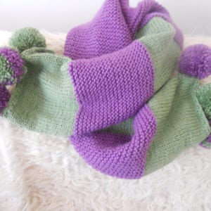 Hand Knitted Large Stylish Winter Scarf.Purple and Green Women's Teen Girls Cozy Accessory with Pompoms. Gift for Her. image 1