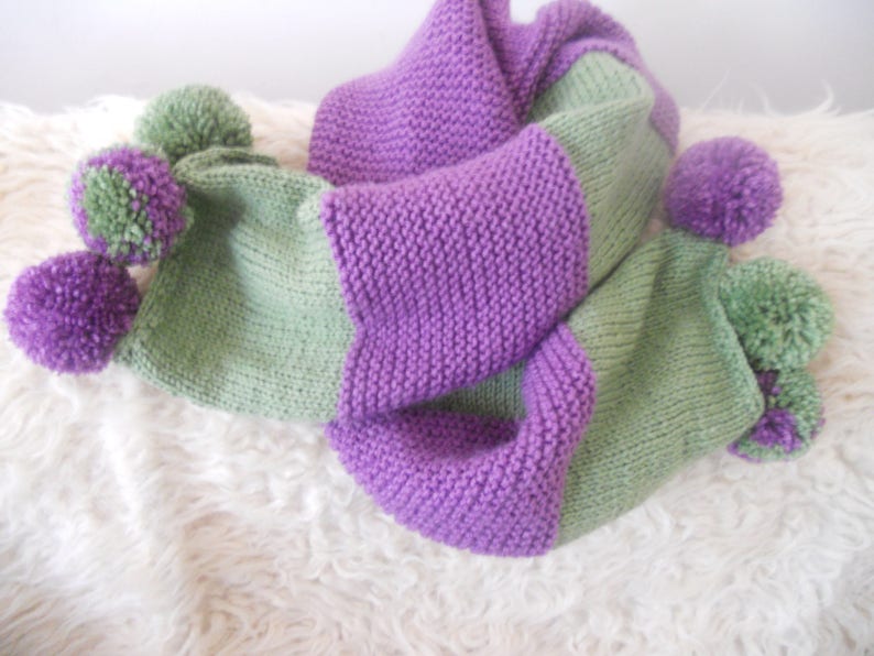 Hand Knitted Large Stylish Winter Scarf.Purple and Green Women's Teen Girls Cozy Accessory with Pompoms. Gift for Her. image 1