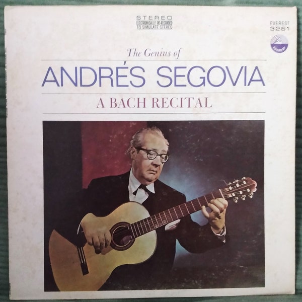 The Genius of Andres Segovia A Bach Recital Vinyl Record. Vintage Classical Guitar LP record. Gift for a guitarist and Classical music Lover