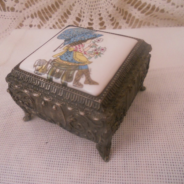 Vintage Metal and Enamel Square Trinket Box with Printed Ceramic Plaque of Girl and Cat .Jewelry Box Made in Japan.