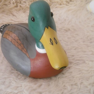 Vintage Drake Wood Duck Sculpture. Big 13.5 inches Wooden Collectible Duck Decoy Figurine with Glass Eyes..Wooden Animal Art. image 4