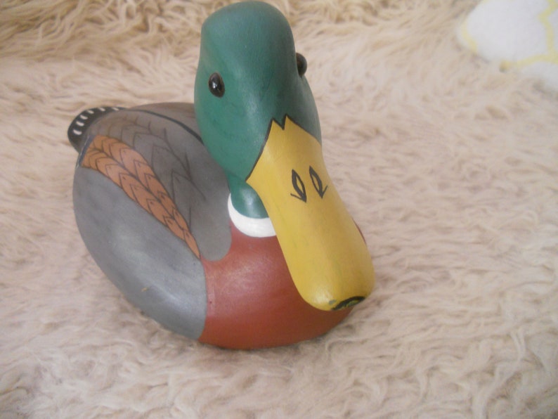 Vintage Drake Wood Duck Sculpture. Big 13.5 inches Wooden Collectible Duck Decoy Figurine with Glass Eyes..Wooden Animal Art. image 4