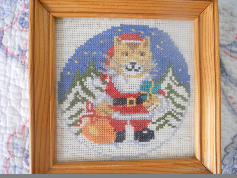 Unique Wall Hanging Santa Cat. Hand Embroidered Cross Stitch image 0