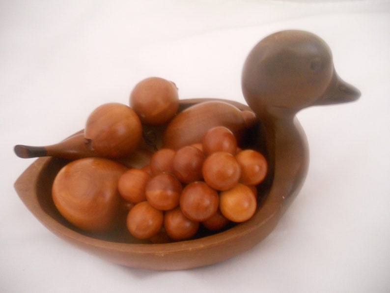 Hand Carved Wooden Duck Bowl with Fruits.Five Pieces Fruit image 0