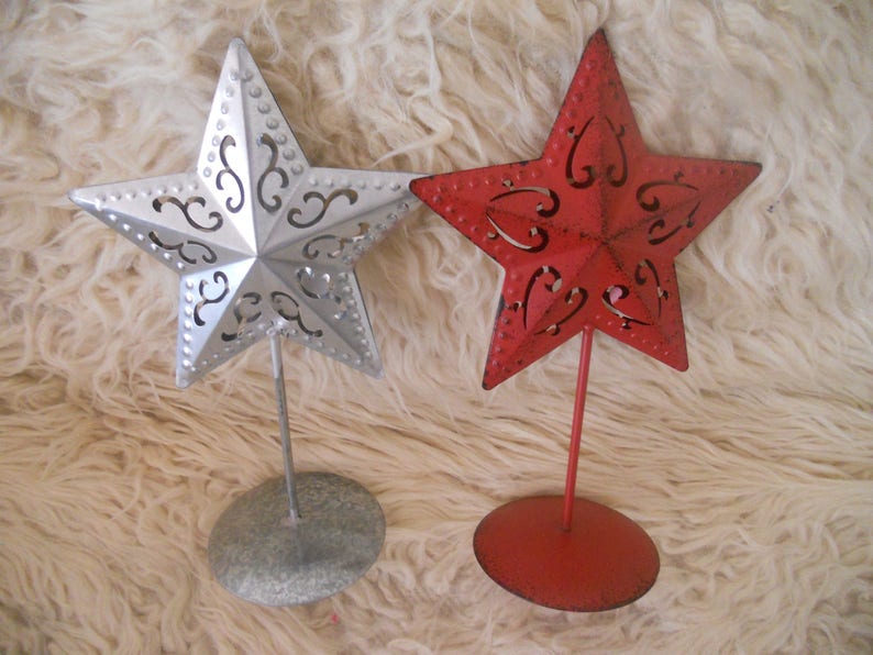 Rustic Standing Stars Set of Two.Tin Metal Embossed Stars. image 0