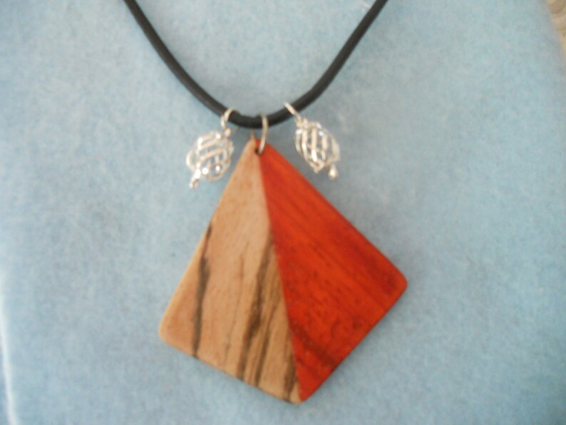 Exotic Padauk and Zebra Wood Pendant with Silver Plated Wire image 0