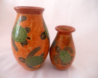 Vintage Sgraffito Pots Set of Two Native American Style. Collectible Brown Ceramic Pots with Turtles.Traditional Tribal art.Ceramic Art.
