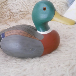 Vintage Drake Wood Duck Sculpture. Big 13.5 inches Wooden Collectible Duck Decoy Figurine with Glass Eyes..Wooden Animal Art. image 2