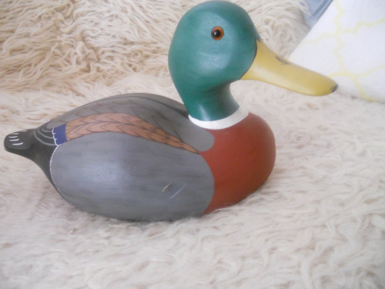 Vintage Drake Wood Duck Sculpture. Big 13.5 inches Wooden Collectible Duck Decoy Figurine with Glass Eyes..Wooden Animal Art. image 2