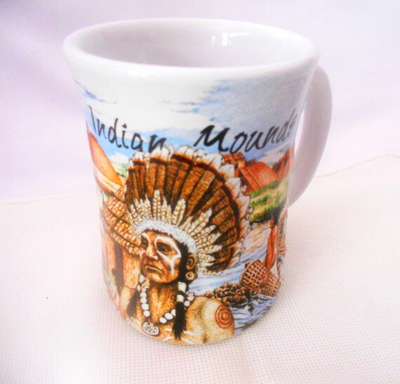 Vintage Etowah Indian Mounds  Raised  Relief FINISH Coffee or Tea Mug. Collectible Drinkware. Native American Style.