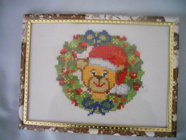 Handmade Embroidered Cross Stitch Wall Panel Santa Bear. Wall image 0