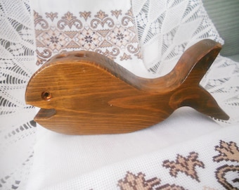 Wood Whale Pencil Holder. Vintage Whale Figurine. Wooden Art. Office and Desk Storage.