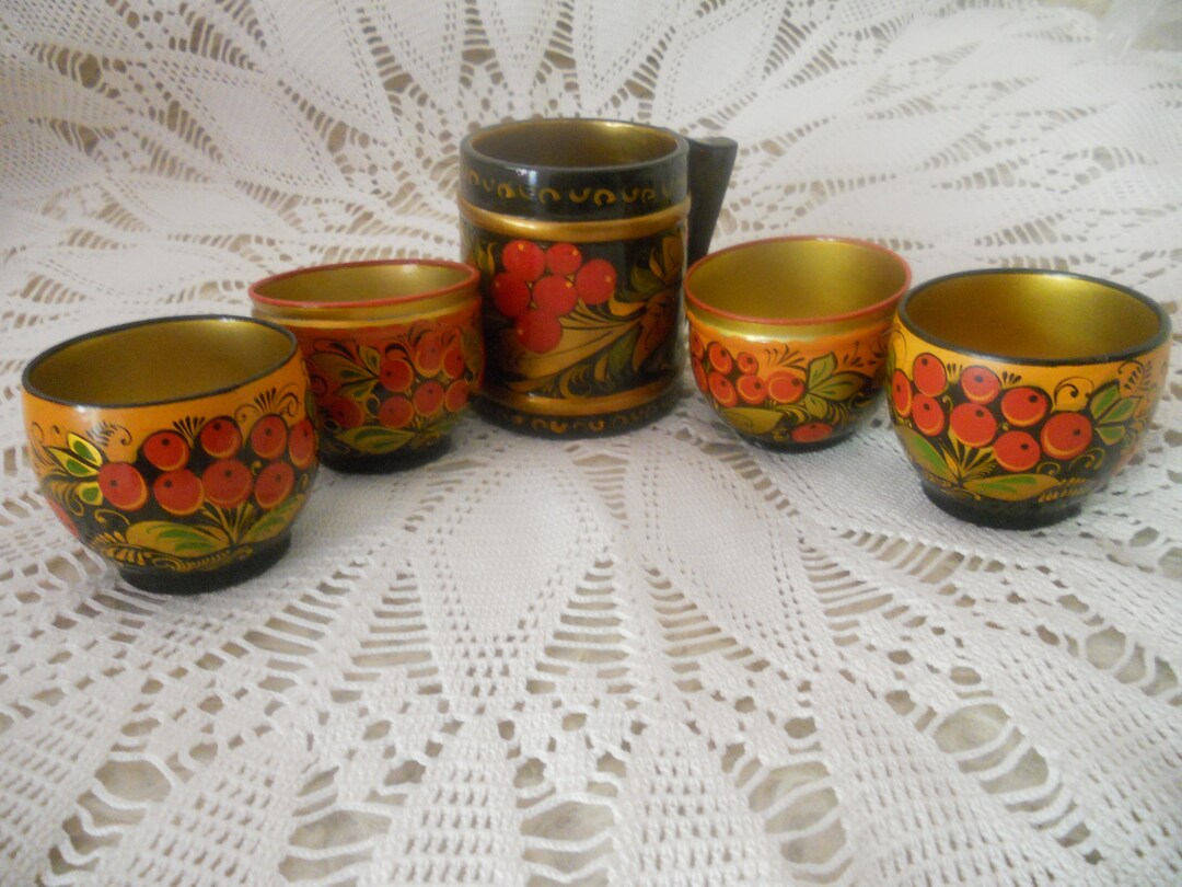 Vintage Russian Wooden Cups. Decorative Khokhloma Cups Set of 5.soviet ...