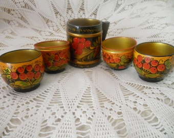 Vintage Russian Wooden Cups. Decorative Khokhloma Cups Set of 5.Soviet Era Souvenir. Russian Wooden Art Home Decor.