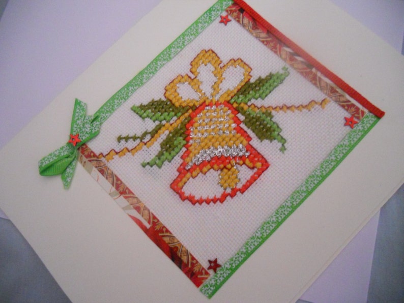 Cross Stitch Holiday Bell Greeting Card. Embroidered hand image 0