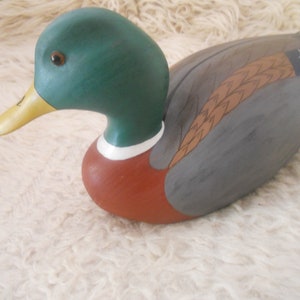 Vintage Drake Wood Duck Sculpture. Big 13.5 inches Wooden Collectible Duck Decoy Figurine with Glass Eyes..Wooden Animal Art. image 1