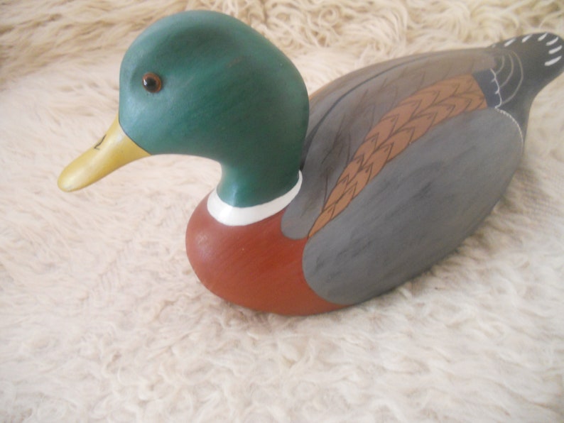 Vintage Drake Wood Duck Sculpture. Big 13.5 inches Wooden Collectible Duck Decoy Figurine with Glass Eyes..Wooden Animal Art. image 1