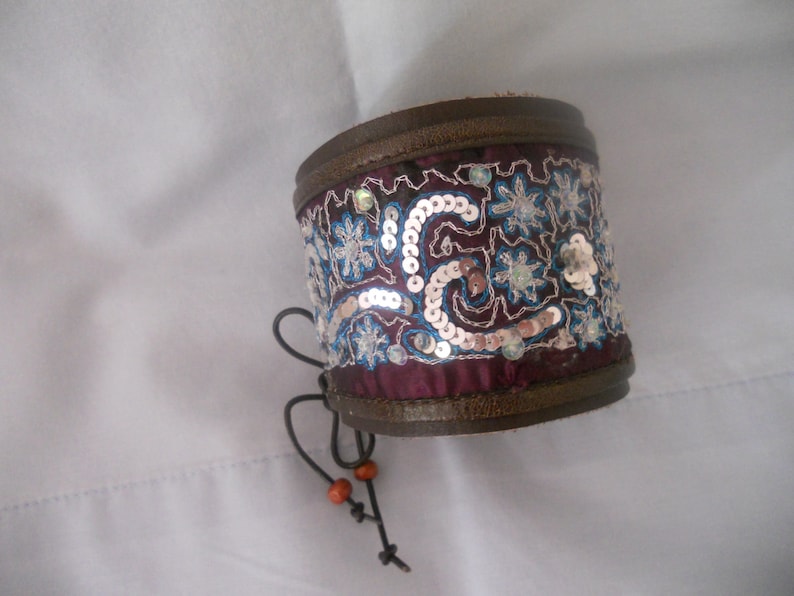 Genuine Leather Cuff Bracelet.Embroidered Sequins image 0