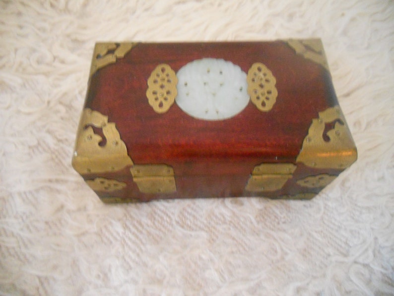 Vintage Chinese Jewelry Box with Jade Inlay.Red Silk Lining. image 0