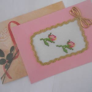 Greeting Card.Hand Embroidered Cross Stitch Card.Two Roses Card.Handcrafted Card.Gift for Her, Girlfriend, Wife. image 3