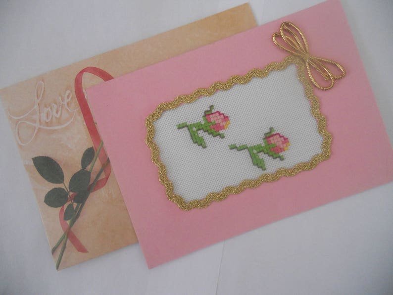 Greeting Card.Hand Embroidered Cross Stitch Card.Two Roses Card.Handcrafted Card.Gift for Her, Girlfriend, Wife. image 3