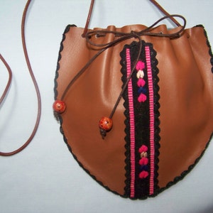 Leather Pouch.Ethnic Drawstring Handbag. Shoulder Bag. Handmade Purse. Gift for her, girlfriend, wife. image 1